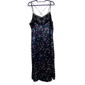 Amoureuse Satin Floor Length Nightgown / Slip Dress Black Floral & Lace Sz 1X